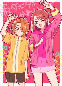 1boy 1girl ;d arm_up asymmetrical_bangs black_shorts bracelet closed_mouth earrings hair_over_one_eye highres hijiri_ageha hirogaru_sky!_precure hood hood_down hoodie index_finger_raised jacket jewelry kodamari long_hair long_hoodie long_sleeves looking_at_another motion_lines notice_lines one_eye_closed open_mouth orange_hair pink_hoodie pink_jacket precure purple_eyes red_eyes shirt short_hair short_sleeves shorts side-by-side smile standing stud_earrings sweatdrop translated w yellow_shirt yuunagi_tsubasa