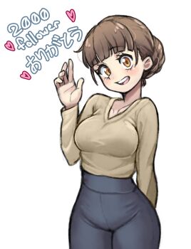 1girl absurdres blush braid braided_bun breasts brown_hair collarbone cowboy_shot hair_bun hand_up heart high-waist_pants highres looking_at_viewer medium_breasts open_mouth orange_eyes original pants san_ban2 short_hair simple_background smile solo thank_you waving white_background