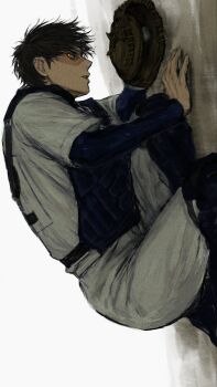 1boy ace_of_diamond ball baseball baseball_(object) baseball_glove baseball_uniform brown_hair catcher_(baseball) chest_protector compression_shirt goggles hashtag-only_commentary highres holding holding_ball male_focus miyuki_kazuya on_ground pants shirt short_hair sideburns solo sportswear white_pants white_shirt yellow_eyes yongyon5010