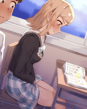 1boy 1girl black_shirt blonde_hair blue_skirt blush breasts bulge chair classroom closed_mouth flying_sweatdrops highres idolmaster idolmaster_shiny_colors implied_masturbation indoors looking_at_another medium_breasts miniskirt on_chair plaid_clothes plaid_skirt sakuragi_mano school_uniform seneto serafuku sex_ed shirt short_hair sitting skirt trembling white_shirt