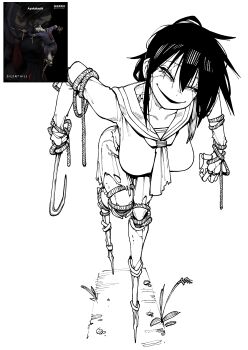 Rule 34 | 1girl, absurdres, ayakakashi, black hair, breasts, creepy, creepy smile, female focus, highres, karasu raven, large breasts, looking at viewer, monster, monster girl, no feet, sailor collar, scarecrow, school uniform, shiny clothes, silent hill, silent hill (series), silent hill f, smile, smiley face, solo, solo focus