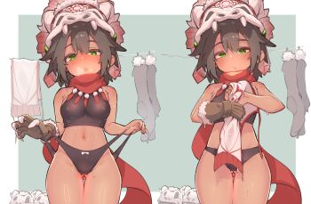 1girl absurdres bare_shoulders black_hair black_panties black_sports_bra bow bow_panties breasts clawed_gauntlets clothesline commentary_request cowboy_shot dark-skinned_female dark_skin expressionless fake_claws frontal_wedgie gloves gluteal_fold green_eyes haruka_kanata_(togassi1) highres looking_at_viewer medium_breasts multiple_views navel original panties red_scarf scarf self_wedgie sequential short_hair single_glove skull_on_head socks sports_bra thigh_gap underwear unworn_socks wedgie wet wringing_clothes