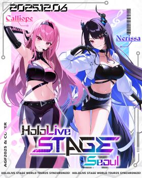 2girls :d absurdres arm_behind_back arm_up armpits asymmetrical_horns bandeau belt black_bandeau black_belt black_boots black_choker black_gloves black_hair black_hairband black_pants black_shirt black_wings blue_hair blunt_bangs boots breasts character_name choker cleavage cleavage_cutout closed_mouth clothing_cutout colored_inner_hair commentary elbow_gloves feathered_wings flower fortissimo gloves grin hair_ornament hairband halter_shirt halterneck hand_up headset highres hololive hololive_english horn_flower horns knee_boots lace-up_boots large_breasts long_hair low_wings miniskirt mole mole_under_eye mori_calliope multicolored_hair multiple_girls musical_note musical_note_hair_ornament nerissa_ravencroft official_alternate_costume open_mouth pants pencil_skirt pink_eyes pink_hair purple_eyes shirt sidelocks skirt sleeveless sleeveless_shirt smile star-ring uneven_horns very_long_hair virtual_youtuber white_belt wings