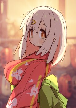 Rule 34 | 1girl, absurdres, blurry, blurry background, blush, breasts, brown eyes, colored inner hair, commentary, from side, hair between eyes, hair ornament, hairclip, highres, japanese clothes, kimono, large breasts, looking at viewer, looking to the side, medium hair, multicolored hair, onii-chan wa oshimai!, oyama matsuri, pink hair, red kimono, smile, solo, tsubatya, two-tone hair, white hair