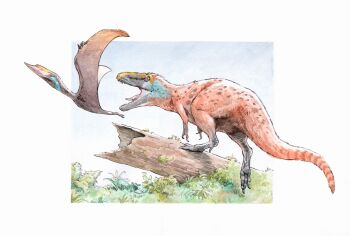 Rule 34 | animal focus, asiatyrannus, dinosaur, fern, hatzegopteryx, highres, log, no humans, open mouth, original, outside border, painting (medium), paleoart, pterosaur, sharp teeth, shin'ichiroo, solo, striped tail, tail, teeth, theropod, traditional media, watercolor (medium)