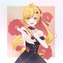 Rule 34 | 1girl, absurdres, bare shoulders, black nails, blonde hair, blush, braid, breasts, dress, earrings, erunrin, flower, green eyes, hair ornament, hairclip, hand on own chest, high ponytail, highres, jewelry, large breasts, long hair, looking at viewer, nijisanji, nijisanji kr, open mouth, outstretched hand, reaching, reaching towards viewer, seffyna, sleeveless, sleeveless dress, solo, very long hair