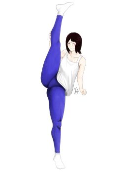 1girl black_hair blush leg_up leggings legs original purple_leggings red_eyes shirt white_shirt