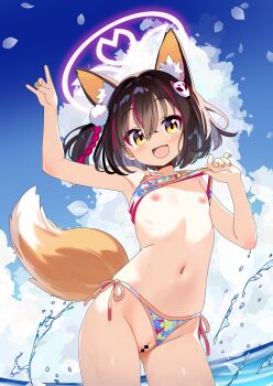 1girl :d absurdres alternate_breast_size_(smaller) animal_ears arm_up armpits bar_censor bare_shoulders bikini bikini_bottom_aside bikini_top_lift blue_archive blue_sky brown_hair censored clothes_lift clothing_aside cloud crossed_bangs fang flat_chest floral_print floral_print_bikini fox_ears fox_girl fox_hair_ornament fox_shadow_puppet fox_tail hair_between_eyes halo hand_up highres izuna_(blue_archive) lifting_own_clothes light_blush loli looking_at_viewer mishiki_sakana navel no_nose open_mouth pink_halo print_bikini pussy short_hair skin_fang sky smile solo splashing standing stomach string_bikini swimsuit swimsuit_lift tail thighs water water_drop yellow_eyes
