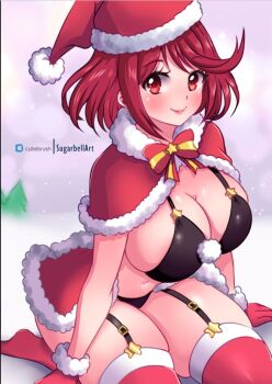 1girl arm_support black_bra black_panties blush bow bowtie bra breasts bubble_background cape capelet christmas cleavage fur-trimmed_cape fur-trimmed_capelet fur-trimmed_gloves fur-trimmed_headwear fur_trim garter_belt garter_straps gloves grey_background hat large_breasts light_particles looking_at_viewer navel nintendo panties pom_pom_(clothes) pyra_(xenoblade) red_bow red_bowtie red_cape red_capelet red_eyes red_gloves red_hair red_hat red_theme red_thighhighs santa_costume santa_hat short_hair sitting smile snow star_(symbol) sugarbell thick_thighs thighhighs thighs tree underwear winter xenoblade_chronicles_(series) xenoblade_chronicles_2