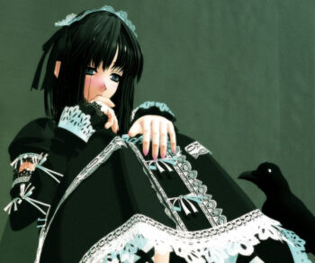 1girl 3d bird black_bird black_hair covering_own_mouth ekkusu_kyuuzu female_focus goth_fashion gothic_lolita half-closed_eyes hand_over_own_mouth lolita_fashion original pantyhose sitting solo