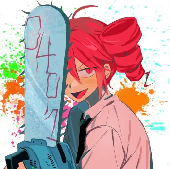 1girl ahoge alternate_costume black_necktie blush chainsaw chainsaw_man cosplay denji_(chainsaw_man) denji_(chainsaw_man)_(cosplay) double-parted_bangs drill_hair flat_chest hair_between_eyes highres holding holding_chainsaw kasane_teto looking_at_viewer necktie open_mouth red_eyes red_hair samsap shirt simple_background solo sweatdrop tongue twin_drills upper_body utau white_background white_shirt