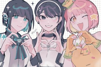 Rule 34 | 3girls, android, animification, bare shoulders, black hair, black ribbon, blue eyes, blue ribbon, earrings, fingerless gloves, fortissimo, gloves, grey eyes, hair ornament, hat, headphones, heart, heart-shaped pupils, heart hands, highres, is (kamen rider 01), jacket, jewelry, kamen rider, kamen rider 01 (series), kamen rider ex-aid (series), kamen rider geats (series), long hair, long sleeves, mechanical ears, multiple girls, musical note, musical note hair ornament, nail polish, neck ribbon, orange eyes, orange gloves, orange headwear, orange shirt, pink hair, ponytail, poppi pipopapo, ribbon, shirt, short hair, signature, sleeveless, sleeves past wrists, symbol-shaped pupils, tsumuri (kamen rider geats), twitter username, txukitm, white eyes, white shirt