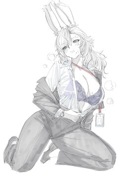 1girl absurdres animal_ears black_jacket black_pants black_shoes bra bra_visible_through_clothes breasts cleavage clip_studio_paint_(medium) closed_mouth collared_shirt dress_shirt final_fantasy final_fantasy_xiv formal_clothes full_body highres hot jacket jacket_partially_removed kneeling lanyard long_hair looking_down making-of_available medium_breasts mole mole_on_breast mole_under_mouth office_lady open_clothes open_jacket original pants partially_colored partially_unbuttoned plamja_jukov purple_bra rabbit_ears rabbit_girl see-through_clothes see-through_shirt shirt shoes simple_background solo steaming_body suit sweat underwear viera warrior_of_light_(ff14) watch white_background wristwatch