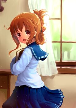 1girl blue_sailor_collar blue_skirt book commentary_request curtains folded_ponytail from_side highres holding holding_book inazuma_(kancolle) kantai_collection looking_at_viewer ohiensis open_mouth sailor_collar school_uniform serafuku sidelocks skirt smile solo upper_body window