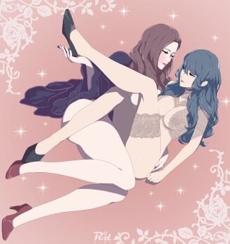 2girls absurdres alternate_costume artist_logo artist_name bare_arms bare_legs black_coat black_shoes blue_eyes breasts brown_hair cleavage closed_mouth coat dorothea_arnault female_byleth_(fire_emblem) fire_emblem fire_emblem:_three_houses floral_border full_body fur_coat green_eyes green_hair half-closed_eyes hand_on_another's_ass hand_on_another's_foot high_heels highres holding_another's_foot knees_up lace lace_collar lace_thigh_strap large_breasts leg_up light_smile lips lipstick logo long_hair looking_at_another lying makeup multiple_girls nail_polish naked_coat nintendo on_back on_side pink_background r3dfive red_lips red_nails red_shoes revealing_clothes seductive_smile shoes simple_background smile sparkle_background thighs yuri