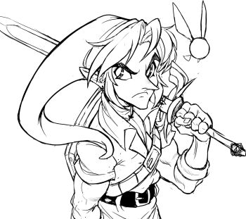 belt earrings highres holding holding_sword holding_weapon jewelry left-handed link navi nintendo pointy_ears shield shield_on_back sketch stocking_cap sword teevo the_legend_of_zelda the_legend_of_zelda:_ocarina_of_time tunic weapon