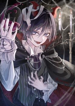 1boy absurdres alcohol ascot bandage_on_hair bandages black_ascot black_cape black_nails black_vest blunt_ends blurry blurry_foreground candle candlestand cape commentary cup drinking_glass eyeshadow fangs fingernails genshin_impact hair_between_eyes hand_up highres holding holding_cup horns jewelry kurage_67 long_fingernails long_sleeves looking_at_viewer makeup male_focus medium_hair open_mouth purple_eyes purple_hair red_eyeshadow red_horns ring scaramouche_(genshin_impact) shirt silk silver_ring smile solo spider_web striped_clothes striped_vest twitter_username upper_body vampire_costume vertical-striped_clothes vertical-striped_vest vest white_shirt wine wine_glass wing_collar