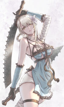 1girl arm_up bandaged_arm bandaged_leg bandaged_neck bandages black_gloves blonde_hair blue_negligee braid braided_hair_rings breasts cleavage commentary dual_wielding flower frilled_panties frills gloves hair_flower hair_ornament hair_rings highres holding holding_sword holding_weapon jagged_sword kaine_(nier) large_breasts lingerie looking_at_viewer negligee nier nier_(series) no_pants panties parted_lips simple_background solo sword thigh_strap tomozoo83 underwear weapon white_panties yellow_eyes