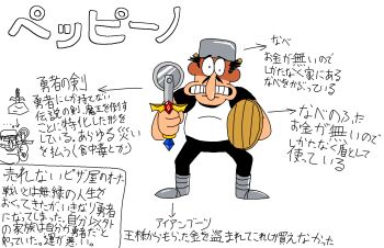 1boy amaneji casserole clenched_teeth facial_hair full_body hat highres holding japanese_language japanese_text looking_at_viewer male_focus mustache nervous peppino_spaghetti pizza_cutter pizza_tower shield simple_background solo standing sword teeth weapon white_background