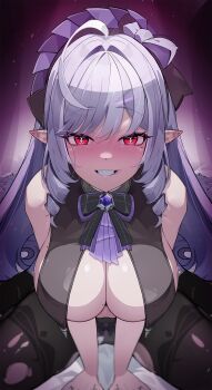 1girl ahoge ascot bare_shoulders blush bow bowtie breast_curtains breasts commentary drill_hair drill_sidelocks ear_blush english_commentary gem grin hairband highres large_breasts long_hair looking_at_viewer mole mole_on_breast mole_under_eye pantyhose patterned_legwear pointy_ears purple_ascot purple_bow purple_bowtie purple_gemstone purple_hair purple_hairband r_bareung red_eyes sidelocks smile solo torn_clothes torn_pantyhose vivian_banshee zenless_zone_zero