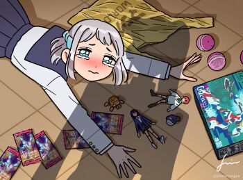 1girl amate_yuzuriha apu_spills_his_tendies_(meme) bag blue_eyes blue_ribbon blue_sailor_collar blue_skirt blush box braid character_doll commentary commentary_request conch_(gundam) doll english_commentary from_above gakuen_idolmaster gashapon gquuuuuux grey_hair gundam gundam_gquuuuuux half_up_braid haro highres idolmaster jacket jennie_congee katsuragi_lilja long_sleeves looking_at_viewer lying medium_hair meme mixed-language_commentary nyaan_(gundam_gquuuuuux) on_stomach plastic_bag pleated_skirt ribbon ribbon_hair sailor_collar shadow signature skirt solo tearing_up tile_floor tiles trading_card twitter_username white_jacket