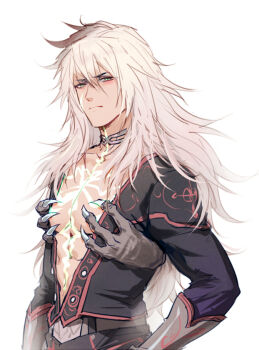 1boy armor bad_id bad_pixiv_id changye chest_tattoo circlet claws dark-skinned_male dark_skin fate/apocrypha fate_(series) long_hair male_focus plunging_neckline siegfried_(fate) solo tattoo v-neck white_hair