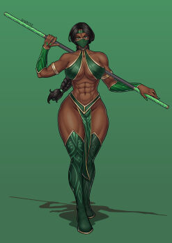 1girl abs absurdres armlet black_hair boots bracer braid breasts cleavage commentary commission dark-skinned_female dark_skin english_commentary full_body gold_armlet green_background green_boots green_eyes green_headband green_loincloth green_mask green_nails green_theme headband highres holding holding_behind_back holding_staff holding_weapon holding_weapon_behind_back jade_(mortal_kombat) jewelry large_breasts long_hair looking_at_viewer mask mortal_kombat_(series) mouth_mask muscular muscular_female muscular_legs pelvic_curtain sideboob solo staff thigh_boots thighs tre_artz underboob weapon