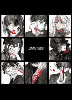 Rule 34 | 4boys, 4girls, armor, book, border, bow, brother and sister, cape, clenched hand, closed mouth, coat, collared shirt, command spell, covered eyes, cross, cross necklace, emiya shirou, eyes visible through hair, facial mark, fate/stay night, fate (series), fingernails, formal clothes, gloves, greyscale, hair bow, hair over eyes, hair ribbon, half-closed eyes, hand up, hat, highres, holding, holding book, illyasviel von einzbern, jacket, jewelry, kotomine kirei, kuzuki souichirou, lapels, lips, long hair, long sleeves, looking at viewer, looking down, looking to the side, matou sakura, matou shinji, medea (caster) (fate), medea (fate), mob cap, monochrome, multiple boys, multiple girls, necklace, necktie, open clothes, open coat, open mouth, petals, ribbon, shirt, short hair, siblings, simple background, sksk sn09, smile, suit, suit jacket, sweater, teeth, tohsaka rin, two side up, upper body, v-shaped eyebrows