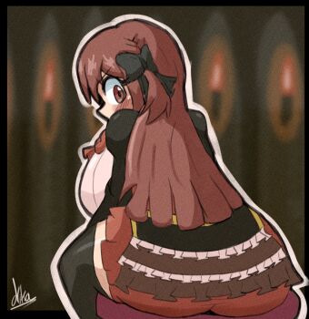 1girl ass ass_focus black_border black_dress black_thighhighs blush border bow breasts brown_eyes brown_hair dress frilled_dress frills from_behind hair_bow huge_ass huge_breasts indoors looking_at_viewer magia_record:_mahou_shoujo_madoka_magica_gaiden mahou_shoujo_madoka_magica miks381 one_side_up outline red_skirt satomi_touka signature sitting skirt solo thighhighs white_outline