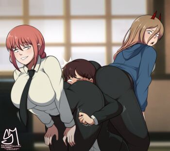 3girls ass ass_press black_hair blush breasts brown_hair chainsaw_man face_in_ass formal_clothes grin higashiyama_kobeni highres horns huge_ass large_breasts leaning leaning_forward long_hair looking_at_viewer makima_(chainsaw_man) multiple_girls naughty_face orange_eyes pants pink_hair power_(chainsaw_man) red_eyes semi_draws short_hair sideboob smile suit yuri