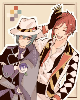 Rule 34 | 2boys, black coat, blue hair, cape, coat, color switch, commentary request, cowboy shot, crossed arms, crown, floyd leech, green eyes, grey eyes, hat, headwear switch, heterochromia, jacket, looking at viewer, male focus, mini crown, multiple boys, red hair, riddle rosehearts, sharp teeth, short hair, side cape, teeth, twisted wonderland, white jacket, yellow background, yellow eyes, yuuki (yukko7474)