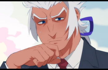 Rule 34 | 1boy, black jacket, blue eyes, blue ribbon, catovyen, classicaloid, closed mouth, collared shirt, commentary, dark-skinned male, dark skin, facial hair, goatee stubble, grey hair, highres, jacket, johann sebastian bach (classicaloid), long hair, looking at viewer, male focus, mature male, mustache stubble, necktie, outdoors, red necktie, ribbon, shirt, solo, stubble, symbol-only commentary, white shirt