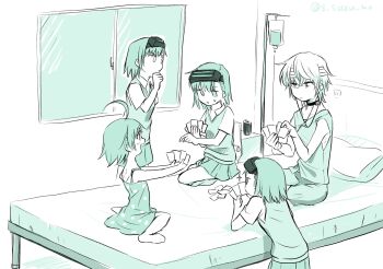 4girls accelerator_(toaru_majutsu_no_index) ahoge bandaged_head bandages bed card choker commentary_request dress goggles goggles_on_head hand_on_own_chin highres holding holding_card hospital_bed intravenous_drip last_order_(toaru_majutsu_no_index) medium_hair miniskirt misaka_imouto monochrome multiple_girls on_bed s_suzu_ko school_uniform shirt short_sleeves sitting sketch skirt sleeveless sleeveless_shirt sweater_vest toaru_majutsu_no_index tokiwadai_school_uniform twitter_username wariza window