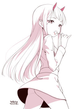 1girl ass blush candy chupa_chups darling_in_the_franxx fang female_focus food holding horns kanya_pyi lips lollipop long_hair long_sleeves monochrome sexually_suggestive simple_background skirt solo upskirt walking white_background zero_two_(darling_in_the_franxx)