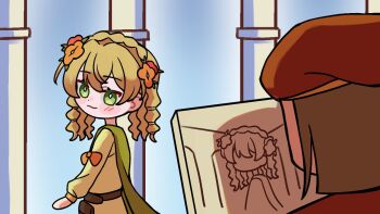 1boy 1girl :3 assassin&#039;s_creed_(series) assassin&#039;s_creed_ii beret blonde_hair blue_background brown_hair canvas_(object) cape dress facing_away flower from_side green_cape green_dress green_eyes haihaiera hair_flower hair_ornament hat leonardo_da_vinci looking_at_viewer medium_hair official_alternate_costume orange_flower painting_(action) pillar red_flower red_hat reverse:1999 short_hair sotheby too_many_drills upper_body