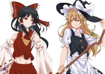 Rule 34 | 2girls, apron, ascot, back bow, black skirt, black vest, blonde hair, bow, braid, broom, brown eyes, chest sarashi, closed mouth, collared shirt, commentary request, detached sleeves, frilled bow, frilled hair tubes, frills, green bow, hair bow, hair tubes, hakurei reimu, hat, hat bow, highres, holding, holding broom, holding ofuda, kirisame marisa, long hair, midriff, multiple girls, navel, ofuda, puffy short sleeves, puffy sleeves, red bow, red skirt, ribbon-trimmed sleeves, ribbon trim, sarashi, shirt, short sleeves, side braid, simple background, single braid, skirt, skirt set, smile, touhou, veow, very long hair, vest, waist apron, white apron, white background, white bow, white shirt, witch hat, yellow ascot, yellow eyes