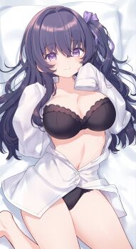 1girl absurdres black_bra black_panties blush bra breasts cleavage closed_mouth collarbone commentary commission cowboy_shot hair_between_eyes hair_ribbon hand_up highres hiraga_matsuri large_breasts long_hair long_sleeves looking_at_viewer lying navel on_back on_bed one_side_up open_clothes open_shirt original panties purple_eyes purple_hair purple_ribbon ribbon shirt skeb_commission sleeves_past_fingers sleeves_past_wrists smile solo underwear white_shirt
