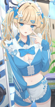 1girl absurdres blonde_hair blue_archive blue_bow blue_bowtie blue_eyes blue_hair blue_hairband blue_halo blue_nails blue_shorts blush bow bowtie breast_zipper breasts capelet cleavage cleavage_cutout closet clothing_cutout commentary_request crop_top fingernails floor folded_clothes frilled_capelet frilled_headwear frills grimace hair_bow hair_intakes hair_ornament hair_stick hairband hairclip hairpin halo heart heart_hair_ornament highres indoors jacket jersey_maid laundromat leaf long_hair long_sleeves looking_at_viewer maid maid_headdress medium_breasts multicolored_hair nail_polish nano12xx5 plant rabbit_hair_ornament shorts solo sportswear star_(symbol) star_hair_ornament streaked_hair toki_(blue_archive) tongue tongue_out towel track_jacket track_suit twintails unconventional_maid upper_body v washing_machine x_hair_ornament