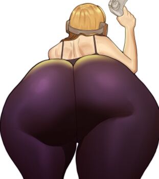 1girl absurdres ass ass_focus back behind-the-head_headphones black_leggings cameltoe controller doublehero female_focus from_behind headphones highres huge_ass leggings median_furrow orange_hair persona persona_5 sakura_futaba shoulder_blades solo tagme thick_thighs thighs wide_hips