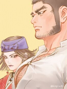 1boy ainu bara blush breast_awe breast_envy bursting_pectorals buzz_cut chest_hair commentary_request facial_hair from_side girl_staring_at_guy's_chest_(meme) golden_kamuy inkarmat large_pectorals looking_at_another looking_at_pectorals mature_male meme muscular muscular_male mutton_chops nopinzo pectoral_cleavage pectoral_focus pectorals short_hair sideburns tanigaki_genjirou thick_chest_hair upper_body very_short_hair