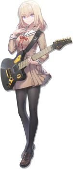 1girl 7-string_guitar arknights bang_dream! bang_dream!_it&#039;s_mygo!!!!! black_pantyhose blonde_hair breasts brown_dress brown_shoes closed_mouth crossed_bangs dress electric_guitar extended_range_guitar full_body guitar guitar_strap hair_between_eyes hanasakigawa_school_uniform hand_up holding holding_guitar holding_instrument instrument loafers long_sleeves looking_at_viewer medium_breasts medium_hair misumi_uika neck_ribbon official_art pantyhose pleated_dress purple_eyes red_ribbon ribbon sailor_collar sailor_dress schecter_guitar school_uniform shoes simple_background solo tachi-e third-party_source transparent_background white_sailor_collar zheshe_jing
