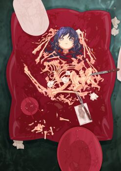 1girl blue_eyes blue_hair bone cannibalism chopsticks closed_mouth corpse cum cum_in_eye cum_on_body death decapitation eating empty_eyes facial female_focus guro john0819 knife liquid meat_juice napkin necrophilia nijisanji ponto_nei severed_head solo utensil