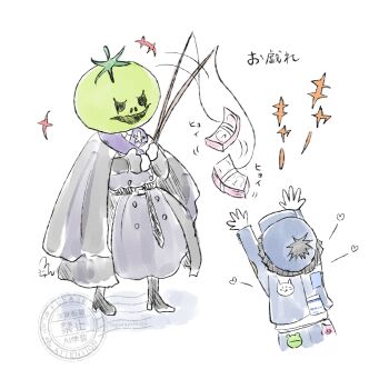 1boy 1girl absurdres animal_print bait belt black_belt black_boots black_cape black_dress black_hair blue_hat blue_jacket boots cape cat_print dress fishing_rod frog_print hat heart highres holding holding_fishing_rod jacket maruko_gaku masked money oosuzuki_kurara pig_print reaching rj_octr shirt short_hair simple_background the_hundred_line_-last_defense_academy- translation_request watermark white_background white_shirt