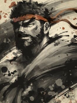 1boy absurdres beard closed_eyes closed_mouth commentary facial_hair hashtag-only_commentary headband highres male_focus o-ring pe51illust red_headband ryu_(street_fighter) short_hair solo spot_color street_fighter street_fighter_6 thick_eyebrows upper_body
