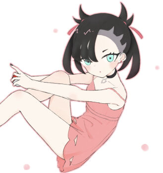 1girl :o asymmetrical_bangs bare_legs black_choker black_hair black_nails blush choker dress earrings ekakpr3 green_eyes hair_ribbon highres holding holding_poke_ball jewelry looking_at_viewer marnie_(pokemon) nintendo no_jacket parted_lips pink_dress poke_ball poke_ball_(basic) pokemon pokemon_swsh ribbon short_dress simple_background sitting solo spaghetti_strap strap_slip stud_earrings thighs twintails undercut white_background