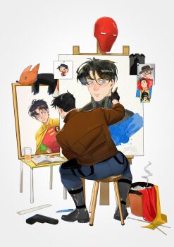 1boy art_brush bat_signal batman_(series) batman_symbol black_bodysuit black_gloves black_hair blue_bodysuit blue_eyes bodysuit brothers brown_jacket cameo canvas_(object) cape cowl dc_comics dick_grayson easel gloves grey_bodysuit highres holding holding_brush holding_paintbrush jacket jason_todd male_focus mask multicolored_bodysuit multiple_boys muscular muscular_male nightwing open_clothes paint paint_palette paintbrush painting_(action) pants red_hood_(dc) red_mask robin_(dc) short_hair siblings smallstarrrr superhero_costume superman two-tone_bodysuit yellow_cape