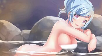 1girl animated animated_gif blue_hair breast_expansion breasts completely_nude convenient_censoring female_focus highres large_breasts looking_at_viewer minase_juri nude omega_labyrinth omega_labyrinth_life onsen solo steam steam_censor u35