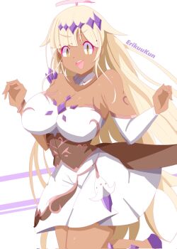 1girl alternate_costume blonde_hair breasts cleavage collar commentary cosplay dark-skinned_female dark_skin detached_collar dress english_commentary erikuukun highres hololive hololive_english koseki_bijou koseki_bijou_(1st_costume) koseki_bijou_(cosplay) large_breasts limiter_(tsukumo_sana) long_hair looking_at_viewer open_mouth smile solo teeth tsukumo_sana upper_teeth_only very_long_hair virtual_youtuber white_collar white_dress yellow_eyes