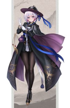 +_+ 1girl :3 alternate_costume black_hat black_jacket black_shoes black_skirt blue_eyes bright_pupils brown_pantyhose cape colored_inner_hair commentary_request full_body gloves goddess_of_victory:_nikke hanbok hat highres jacket korean_clothes korean_commentary liliweiss_(nikke) long_sleeves mixed-language_commentary multicolored_hair pantyhose pouch shoes skirt solo thighs trhisell white_gloves white_pupils