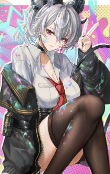 Rule 34 | 1girl, absurdres, alternate costume, black choker, black horns, black jacket, black nails, black thighhighs, breasts, choker, cleavage, collared shirt, colorful background, commentary, curled horns, feet out of frame, fingernails, grey hair, hair between eyes, hand up, highres, horns, jacket, knees up, large breasts, looking at viewer, mole, mole under eye, nail polish, necktie, off shoulder, parted lips, red eyes, red necktie, shirt, sitting, solo, thighhighs, thighs, v, wuthering waves, yoru shiki, zani (wuthering waves)